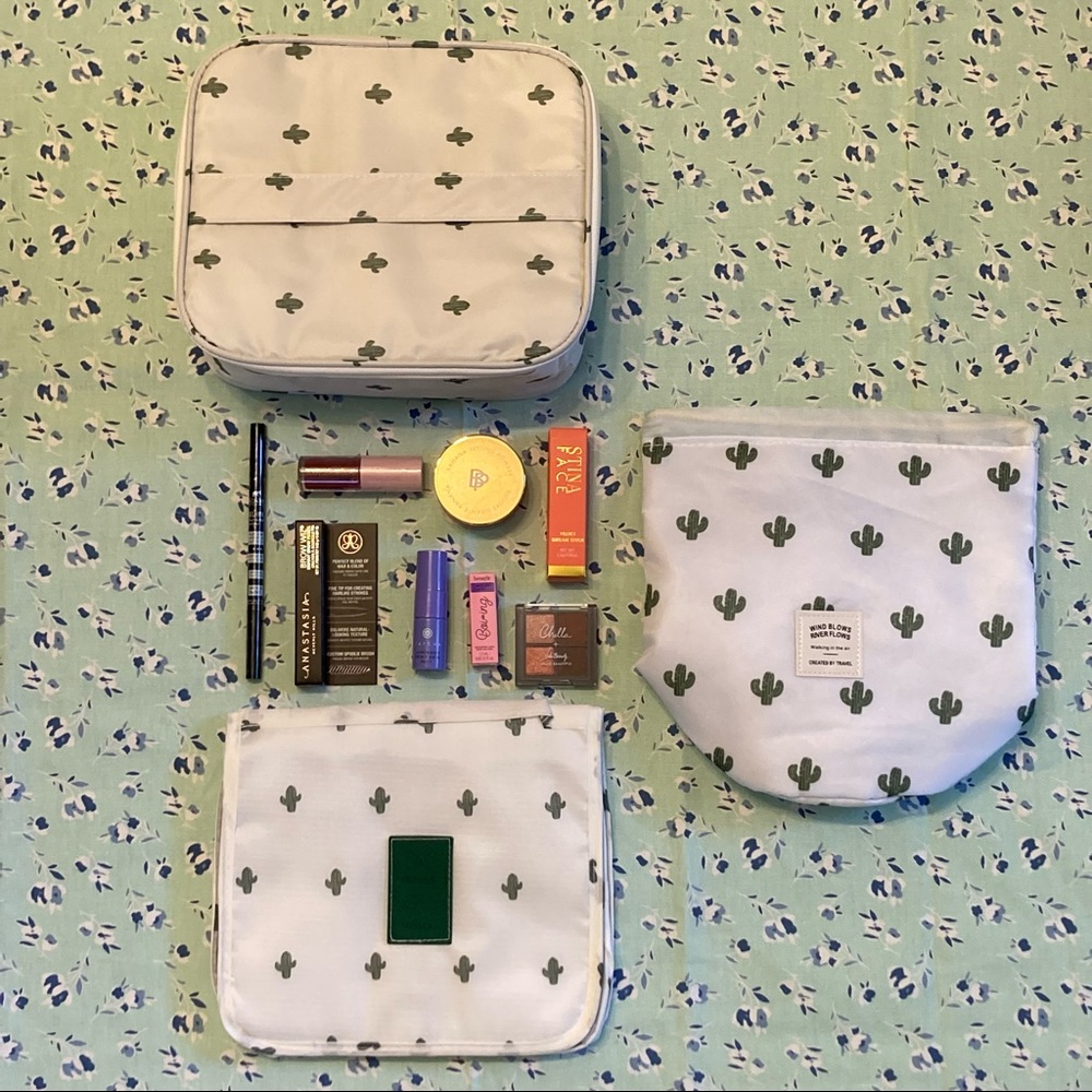 Cosmetics Lot With 3 Travel Bags Cactus Print Lipstick Powder Eyeliner Makeup